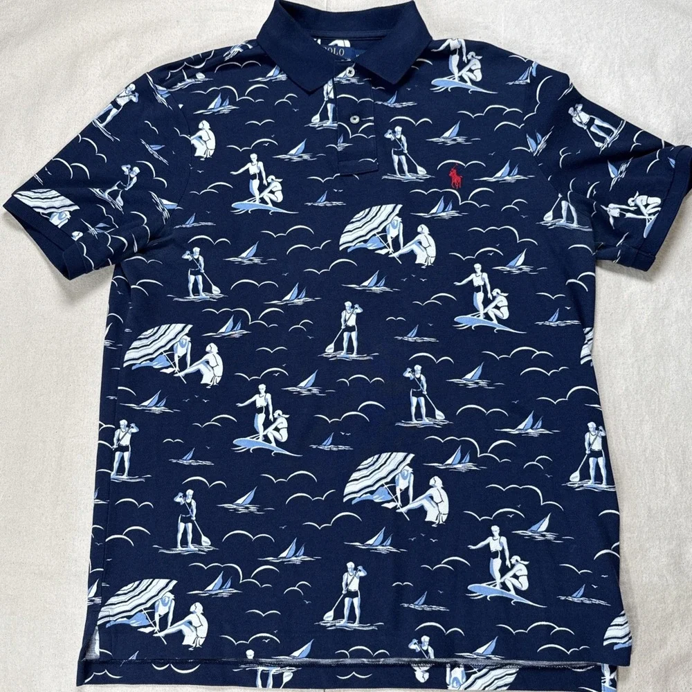 Polo Ralph Lauren Mens XL Navy Blue Swimmer Surfer Shirt Mesh All Over Print